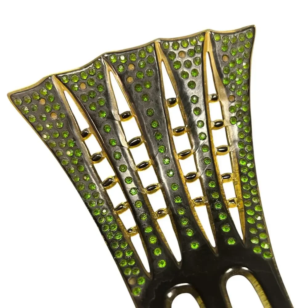 Art Deco Black Enamel & Green Rhinestone Hair Comb Decorative Hair Comb 1920-30s